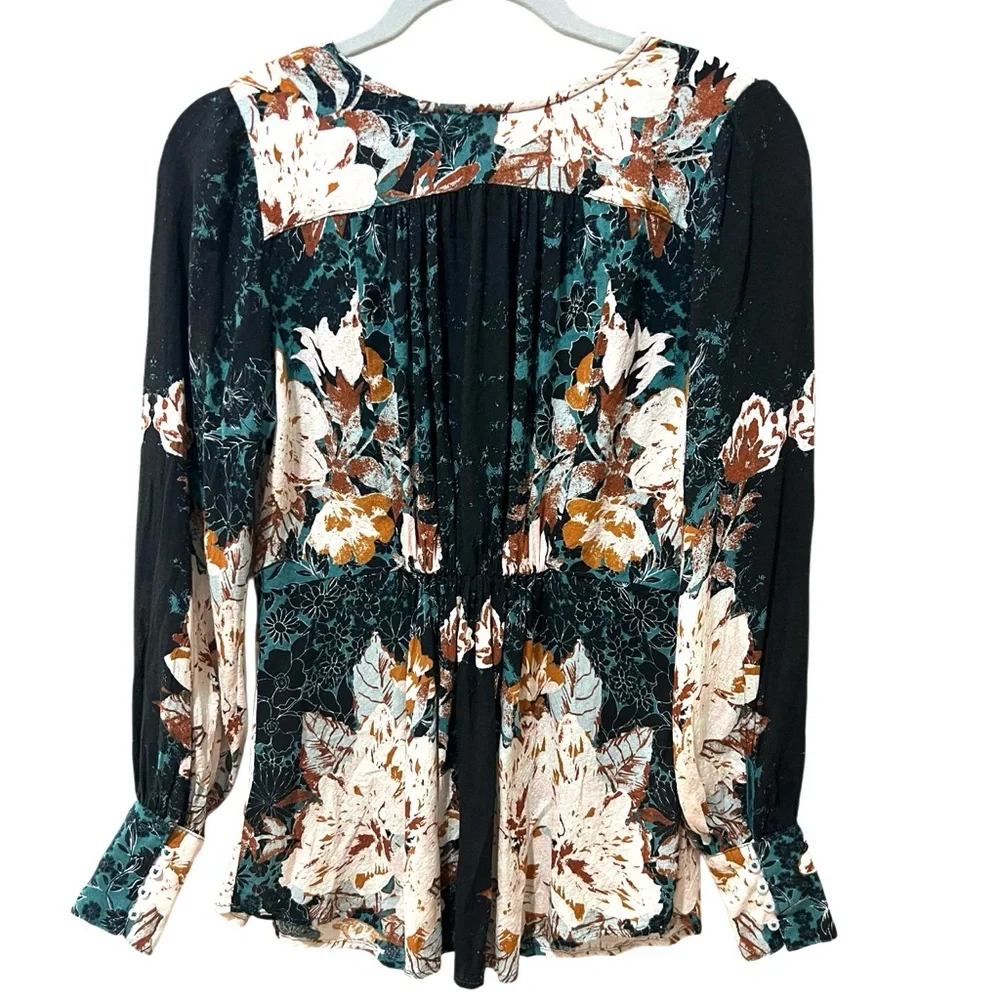 Free People Boho Top Long Sleeve Deep V Neck Tunic Teal Floral XS EUC